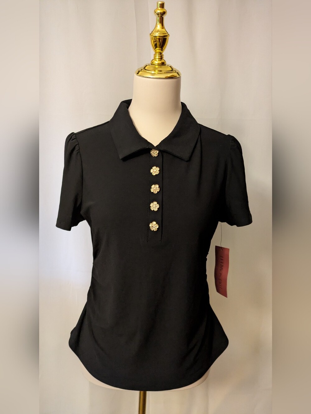 Love Scarlet Women's Black Polo Top with Floral Button Trim